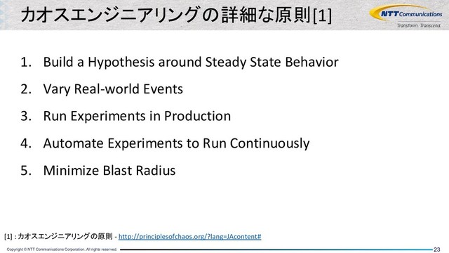 Copyright © NTT Communications Corporation. All rights reserved. 23
カオスエンジニアリングの詳細な原則[1]
1. Build a Hypothesis around Steady State Behavior
2. Vary Real-world Events
3. Run Experiments in Production
4. Automate Experiments to Run Continuously
5. Minimize Blast Radius
[1] : カオスエンジニアリングの原則 - http://principlesofchaos.org/?lang=JAcontent#
