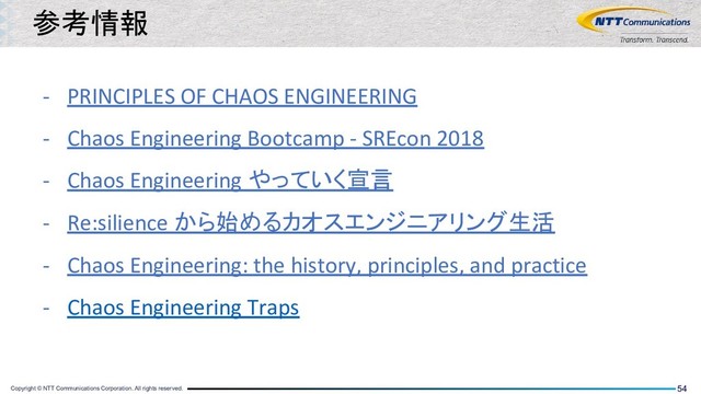 Copyright © NTT Communications Corporation. All rights reserved. 54
- PRINCIPLES OF CHAOS ENGINEERING
- Chaos Engineering Bootcamp - SREcon 2018
- Chaos Engineering やっていく宣言
- Re:silience から始めるカオスエンジニアリング生活
- Chaos Engineering: the history, principles, and practice
- Chaos Engineering Traps
参考情報
