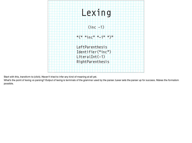 Lexing
(inc -1)
“(“ “inc” “-1” “)”
LeftParenthesis
Identifier(“inc”)
LiteralInt(-1)
RightParenthesis
Start with this, transform to (click). Haven’t tried to infer any kind of meaning at all yet.

What’s the point of lexing vs parsing? Output of lexing is terminals of the grammar used by the parser. Lexer sets the parser up for success. Makes the formalism
possible.

