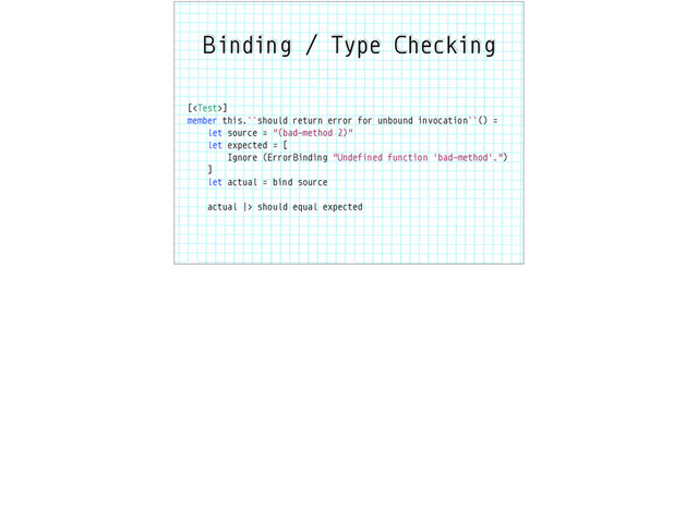 Binding / Type Checking
[]
member this.``should return error for unbound invocation``() =
let source = "(bad-method 2)"
let expected = [
Ignore (ErrorBinding "Undefined function 'bad-method'.")
]
let actual = bind source
actual |> should equal expected
