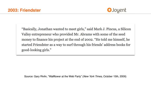 2003: Friendster
Source: Gary Rivlin, “Wallﬂower at the Web Party” (New York Times, October 15th, 2006)
