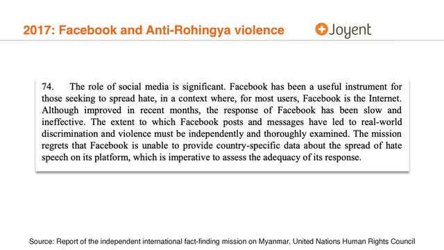 2017: Facebook and Anti-Rohingya violence
Source: Report of the independent international fact-ﬁnding mission on Myanmar, United Nations Human Rights Council
