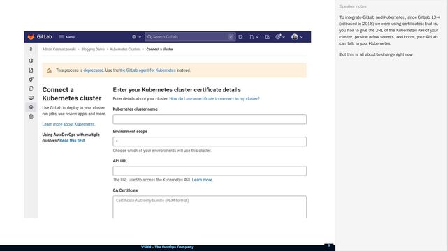 VSHN – The DevOps Company
To integrate GitLab and Kubernetes, since GitLab 10.4
(released in 2018) we were using certificates; that is,
you had to give the URL of the Kubernetes API of your
cluster, provide a few secrets, and boom, your GitLab
can talk to your Kubernetes.
But this is all about to change right now.
Speaker notes
3

