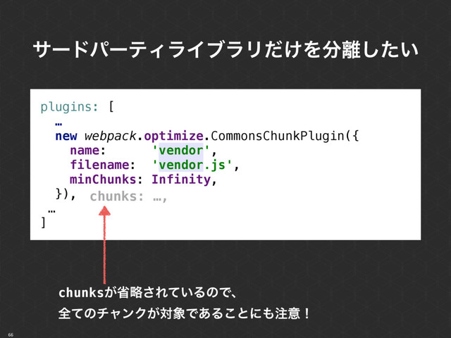 66
αʔυύʔςΟϥΠϒϥϦ͚ͩΛ෼཭͍ͨ͠
plugins: [ 
… 
new webpack.optimize.CommonsChunkPlugin({ 
name: 'vendor', 
filename: 'vendor.js', 
minChunks: Infinity, 
}),
…
]
chunks͕লུ͞Ε͍ͯΔͷͰɺ
શͯͷνϟϯΫ͕ର৅Ͱ͋Δ͜ͱʹ΋஫ҙʂ
chunks: …,
