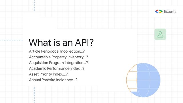 What is an API?
Article Periodocal Incollection…?
Accountable Property Inventory...?
Acquisition Program Integration…?
Academic Performance Index…?
Asset Priority Index....?
Annual Parasite Incidence…?
