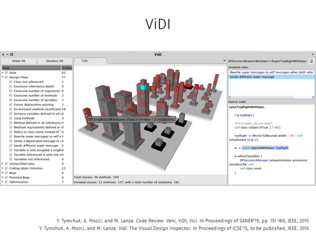 Y. Tymchuk, A. Mocci, and M. Lanza. Code Review: Veni, ViDI, Vici. In Proceedings of SANER’15, pp. 151-160, IEEE, 2015
Y. Tymchuk, A. Mocci, and M. Lanza. Vidi: The Visual Design Inspector. In Proceedings of ICSE’15, to be published, IEEE, 2015
ViDI
