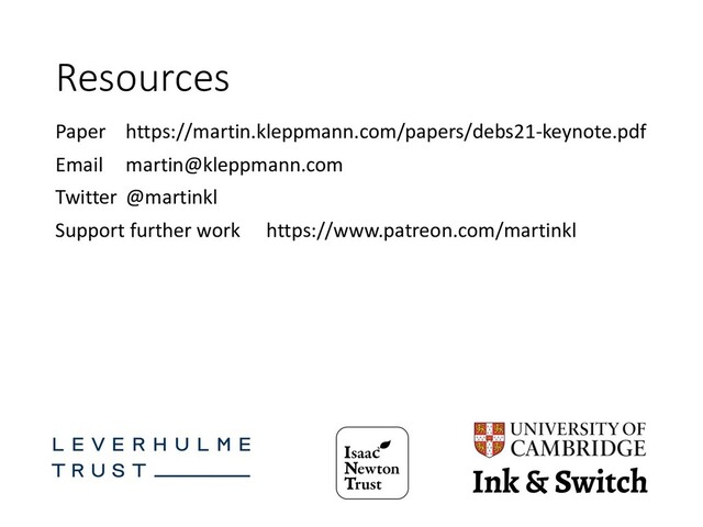 Resources
Paper https://martin.kleppmann.com/papers/debs21-keynote.pdf
Email martin@kleppmann.com
Twitter @martinkl
Support further work https://www.patreon.com/martinkl

