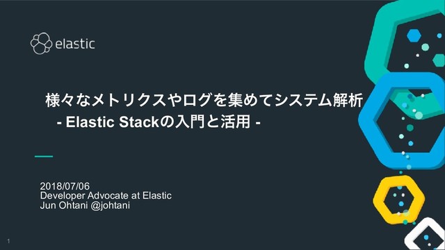 !1
2018/07/06
Developer Advocate at Elastic
Jun Ohtani @johtani
༷ʑͳϝτϦΫε΍ϩάΛूΊͯγεςϜղੳ  
- Elastic Stackͷೖ໳ͱ׆༻ -
