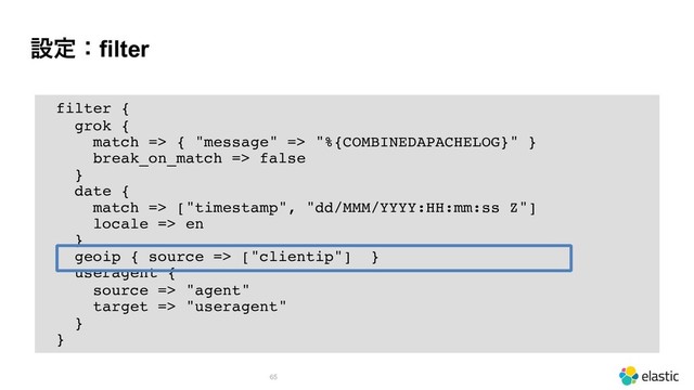 ઃఆɿfilter
!65
filter {
grok {
match => { "message" => "%{COMBINEDAPACHELOG}" }
break_on_match => false
}
date {
match => ["timestamp", "dd/MMM/YYYY:HH:mm:ss Z"]
locale => en
}
geoip { source => ["clientip"] }
useragent {
source => "agent"
target => "useragent"
}
}
