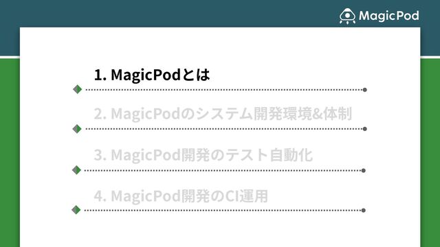 1. MagicPodとは
2. MagicPodのシステム開発環境&体制
3. MagicPod開発のテスト⾃動化
4. MagicPod開発のCI運⽤
