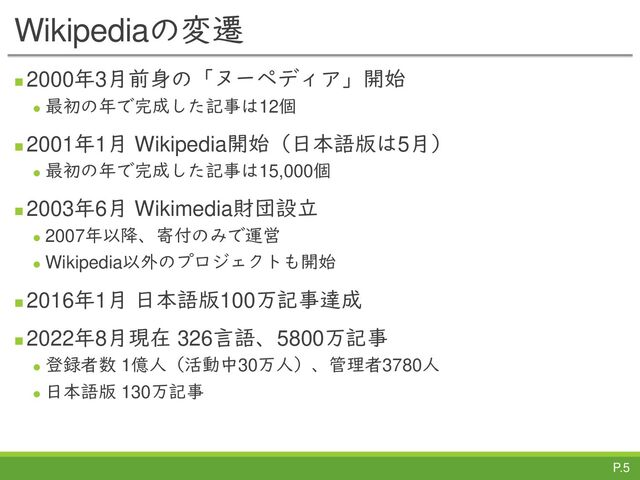 P.5
Wikipediaの変遷
◼ 2000年3月前身の「ヌーペディア」開始
⚫
最初の年で完成した記事は12個
◼ 2001年1月 Wikipedia開始（日本語版は5月）
⚫
最初の年で完成した記事は15,000個
◼ 2003年6月 Wikimedia財団設立
⚫ 2007年以降、寄付のみで運営
⚫ Wikipedia以外のプロジェクトも開始
◼ 2016年1月 日本語版100万記事達成
◼ 2022年8月現在 326言語、5800万記事
⚫
登録者数 1億人（活動中30万人）、管理者3780人
⚫
日本語版 130万記事
P.5
