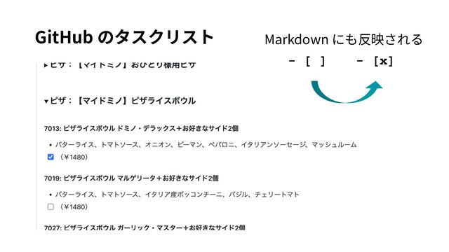 GitHub のタスクリスト Markdown にも反映される
- [ ] 　 - [x]
