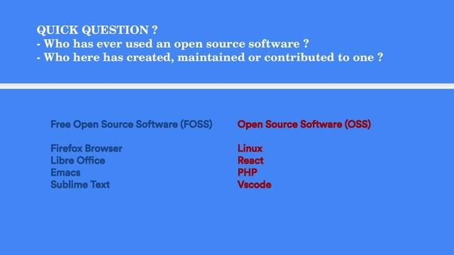 QUICK QUESTION ?
- Who has ever used an open source software ?
- Who here has created, maintained or contributed to one ?
Free Open Source Software (FOSS)
Firefox Browser
Libre Office
Emacs
Sublime Text
Open Source Software (OSS)
Linux
React
PHP
Vscode
