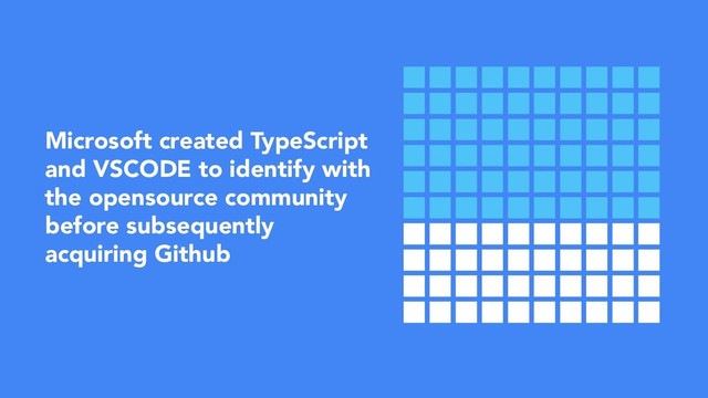 Microsoft created TypeScript
and VSCODE to identify with
the opensource community
before subsequently
acquiring Github

