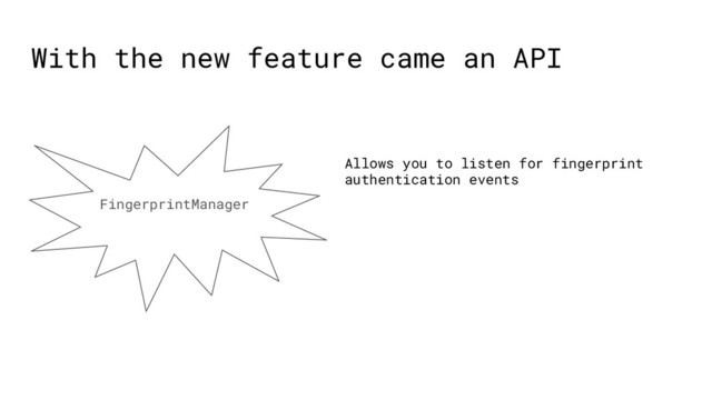 With the new feature came an API
FingerprintManager
Allows you to listen for fingerprint
authentication events
