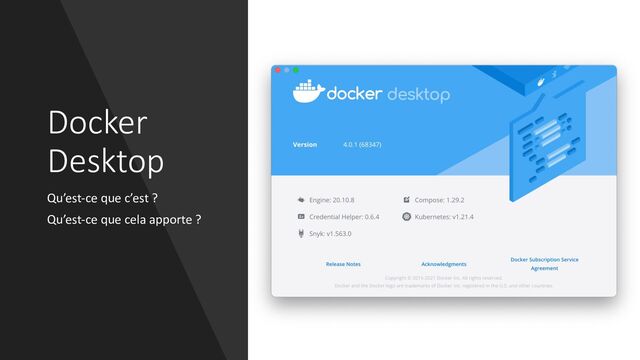 Docker
Desktop
Qu’est-ce que c’est ?
Qu’est-ce que cela apporte ?
