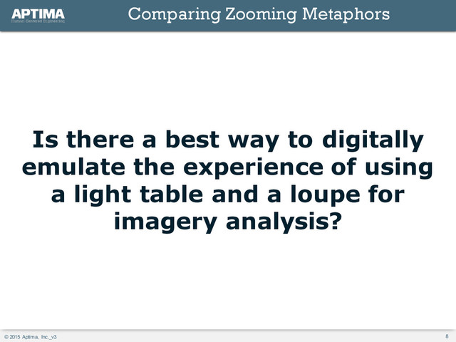 © 2015 Aptima, Inc._v3 8
Is there a best way to digitally
emulate the experience of using
a light table and a loupe for
imagery analysis?
Comparing Zooming Metaphors
