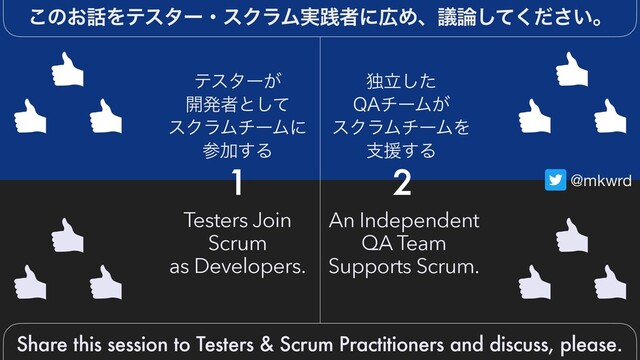 @mkwrd
͜ͷ͓࿩ΛςελʔɾεΫϥϜ࣮ફऀʹ޿Ίɺٞ࿦͍ͯͩ͘͠͞ɻ
Share this session to Testers & Scrum Practitioners and discuss, please.
ςελʔ͕
։ൃऀͱͯ͠
εΫϥϜνʔϜʹ
ࢀՃ͢Δ
Testers Join
Scrum
as Developers.
1
ಠཱͨ͠
2"νʔϜ͕
εΫϥϜνʔϜΛ
ࢧԉ͢Δ
An Independent
QA Team
Supports Scrum.
2
