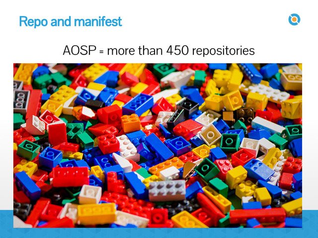 Repo and manifest
AOSP = more than 450 repositories
