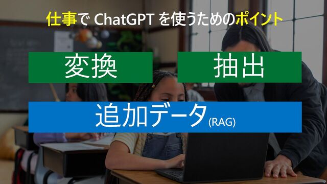 仕事で ChatGPT を使うためのポイント
変換 抽出
追加データ(RAG)
