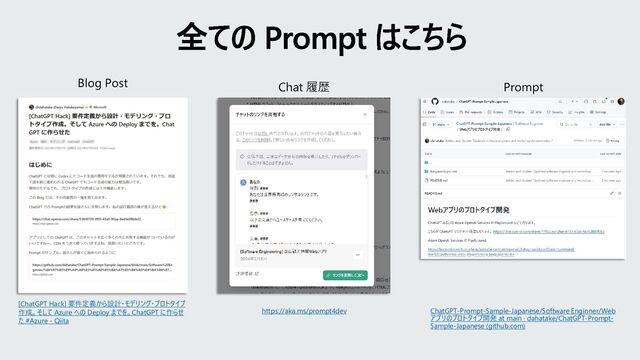 全ての Prompt はこちら
[ChatGPT Hack] 要件定義から設計・モデリング・プロトタイプ
作成。そして Azure への Deploy までを。ChatGPT に作らせ
た #Azure - Qiita
Blog Post
https://aka.ms/prompt4dev
Chat 履歴 Prompt
ChatGPT-Prompt-Sample-Japanese/Software Enginner/Web
アプリのプロトタイプ開発 at main · dahatake/ChatGPT-Prompt-
Sample-Japanese (github.com)
