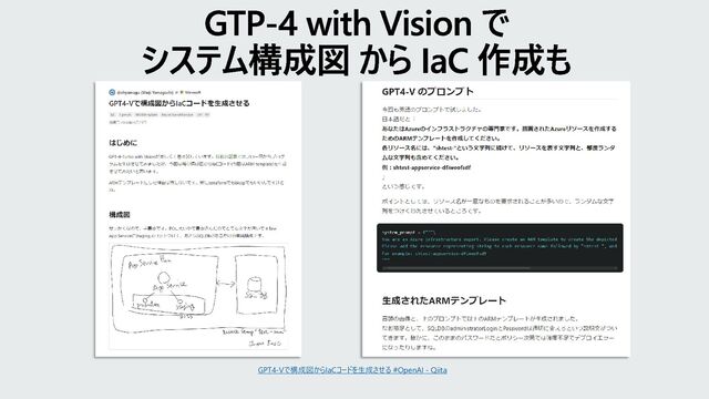 GTP-4 with Vision で
システム構成図 から IaC 作成も
GPT4-Vで構成図からIaCコードを生成させる #OpenAI - Qiita
