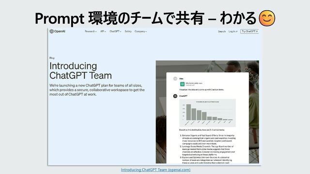Prompt 環境のチームで共有 – わかる
Introducing ChatGPT Team (openai.com)
