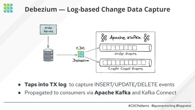 #CDCPatterns @gunnarmorling @hpgrahsl
● Taps into TX log to capture INSERT/UPDATE/DELETE events
● Propagated to consumers via Apache Kafka and Kafka Connect
Debezium — Log-based Change Data Capture
