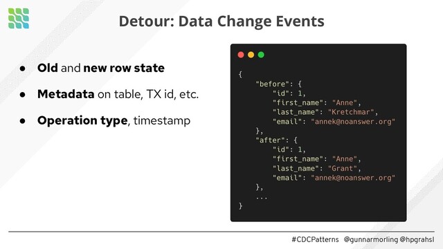 #CDCPatterns @gunnarmorling @hpgrahsl
Detour: Data Change Events
● Old and new row state
● Metadata on table, TX id, etc.
● Operation type, timestamp
