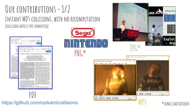 *some limitations
Our contributions - 1/2
Instant MD5 collisions, with no recomputation
(collision data is pre-computed)
JPG*
PNG*
PDF
MP4
https://github.com/corkami/collisions
