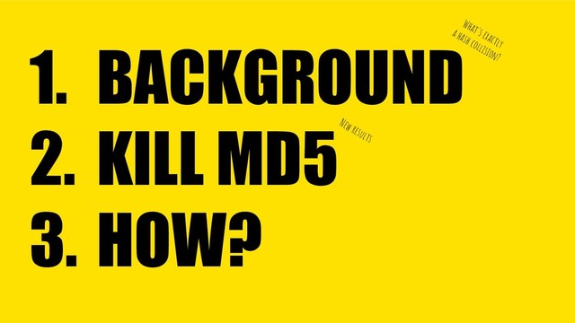 BACKGROUND
KILL MD5
HOW?
1.
2.
3.
What's exactly
a hash collision?
New results
