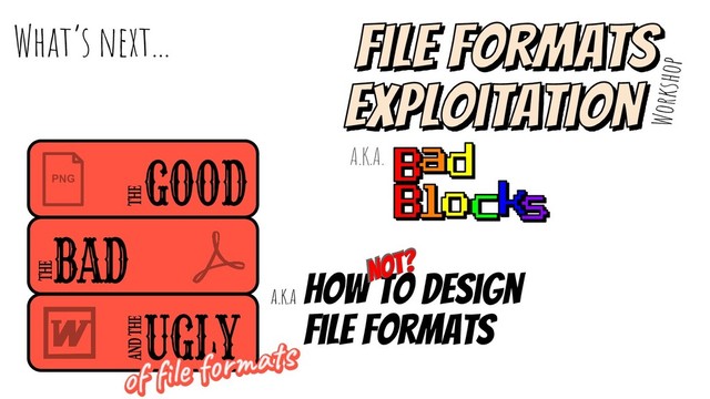 What’s next...
A.K.A.
PNG
Workshop
How to design
file formats
A.K.A
NOT?
NOT?
