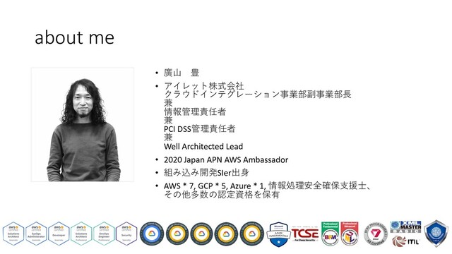 about me
• 廣⼭ 豊
• アイレット株式会社
クラウドインテグレーション事業部副事業部⻑
兼
情報管理責任者
兼
PCI DSS管理責任者
兼
Well Architected Lead
• 2020 Japan APN AWS Ambassador
• 組み込み開発SIer出⾝
• AWS * 7, GCP * 5, Azure * 1, 情報処理安全確保⽀援⼠、
その他多数の認定資格を保有
