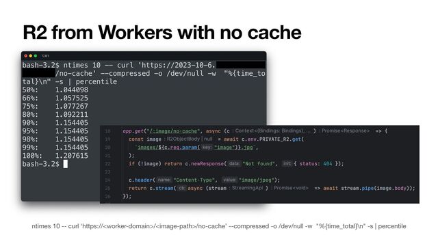 R2 from Workers with no cache
ntimes 10 -- curl ‘https:////no-cache’ --compressed -o /dev/null -w "%{time_total}\n" -s | percentile
