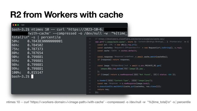R2 from Workers with cache
ntimes 10 -- curl ‘https:////with-cache’ --compressed -o /dev/null -w "%{time_total}\n" -s | percentile
