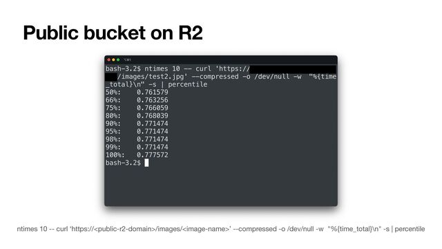 Public bucket on R2
ntimes 10 -- curl ‘https:///images/’ --compressed -o /dev/null -w "%{time_total}\n" -s | percentile
