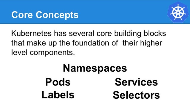 Core Concepts
Kubernetes has several core building blocks
that make up the foundation of their higher
level components.
Namespaces
Pods
Selectors
Services
Labels
