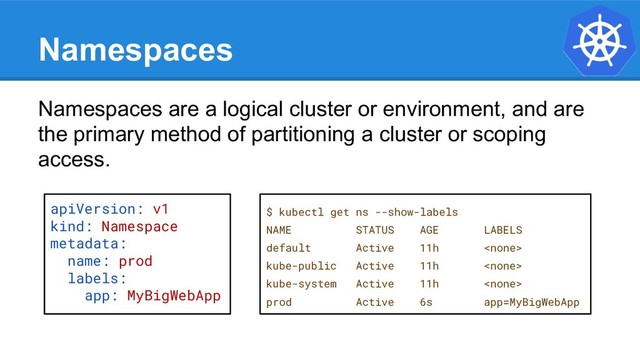 Namespaces
Namespaces are a logical cluster or environment, and are
the primary method of partitioning a cluster or scoping
access.
apiVersion: v1
kind: Namespace
metadata:
name: prod
labels:
app: MyBigWebApp
$ kubectl get ns --show-labels
NAME STATUS AGE LABELS
default Active 11h 
kube-public Active 11h 
kube-system Active 11h 
prod Active 6s app=MyBigWebApp
