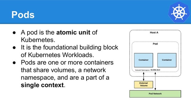 Pods
● A pod is the atomic unit of
Kubernetes.
● It is the foundational building block
of Kubernetes Workloads.
● Pods are one or more containers
that share volumes, a network
namespace, and are a part of a
single context.
