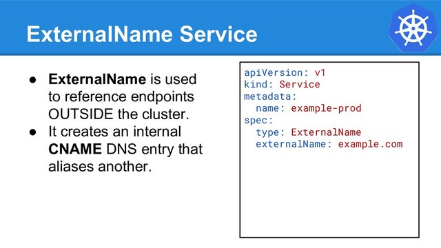 ExternalName Service
apiVersion: v1
kind: Service
metadata:
name: example-prod
spec:
type: ExternalName
externalName: example.com
● ExternalName is used
to reference endpoints
OUTSIDE the cluster.
● It creates an internal
CNAME DNS entry that
aliases another.
