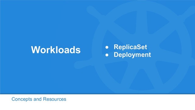 Concepts and Resources
Workloads ● ReplicaSet
● Deployment
