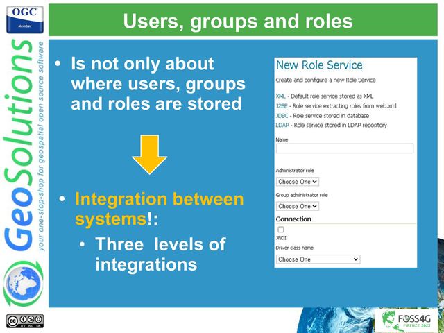 Users, groups and roles
• Is not only about
where users, groups
and roles are stored
• Integration between
systems!:
• Three levels of
integrations
