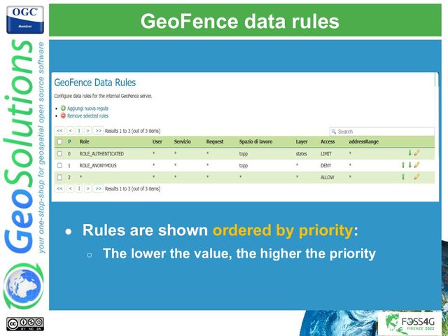GeoFence data rules
● Rules are shown ordered by priority:
○ The lower the value, the higher the priority
