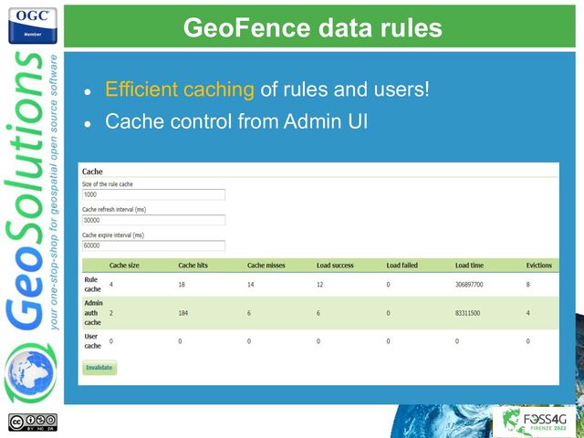 GeoFence data rules
● Efficient caching of rules and users!
● Cache control from Admin UI
