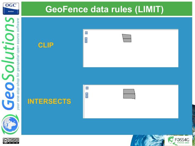 GeoFence data rules (LIMIT)
CLIP
INTERSECTS

