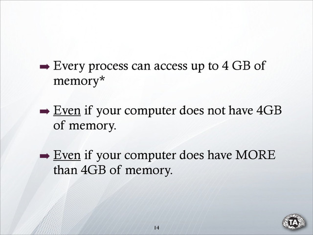 ➡ Every process can access up to 4 GB of
memory*
➡ Even if your computer does not have 4GB
of memory.
➡ Even if your computer does have MORE
than 4GB of memory.
14

