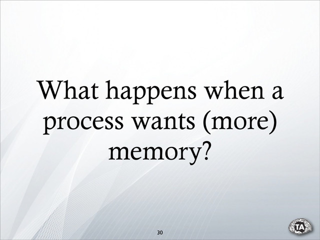 30
What happens when a
process wants (more)
memory?
