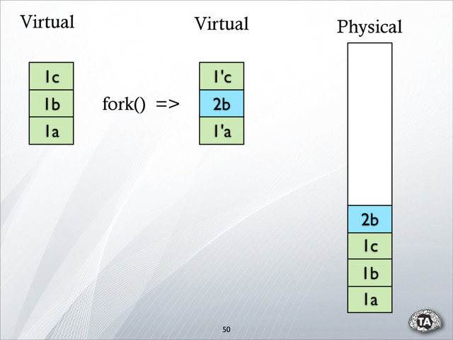 50
1c
1b
1a
1'c
2b
1'a
1a
1b
1c
Physical
Virtual
Virtual
fork() =>
2b
