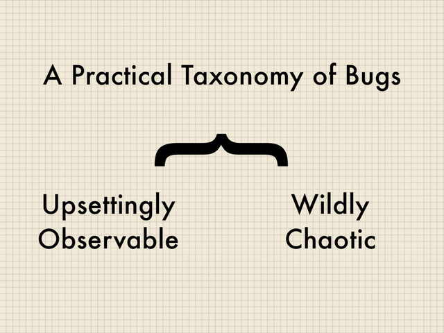 A Practical Taxonomy of Bugs
Upsettingly
Observable
Wildly
Chaotic
{
