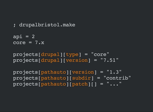 ; drupalbristol.make
api = 2
core = 7.x
projects[drupal][type] = "core"
projects[drupal][version] = "7.51"
projects[pathauto][version] = "1.3"
projects[pathauto][subdir] = "contrib"
projects[pathauto][patch][] = "..."
